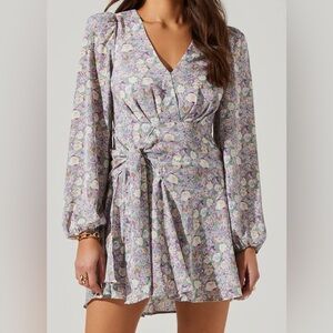NWT ASTR Floral Long Sleeve Side Tie V Neck Mini Dress